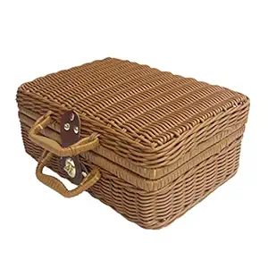 DOITOOL 1pc Rattan Suitcase Picnic Basket, Retro Wicker Woven Storage Case for Picnic, Vintage Rattan Handbag with Handles and Leather Strap Metal Lock for Camping, Photo Prop (Brown)