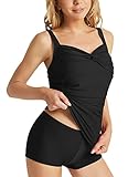BALEAF Traje de baño tankini retro para mujer con pantalones cortos, modesto control de abdomen, tankini de cobertura completa, Negro, 60