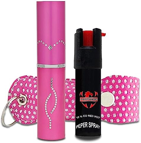 FIGHTSENSE Women Self Defense Kit W/Pepper Spray and Lipstick Stun Gun W/Flashlight, 25Burst, 1.6µC Painful Charge, Rechargeable Battery, Includes Keychain Leather Pouch(Pink/PBSpray)