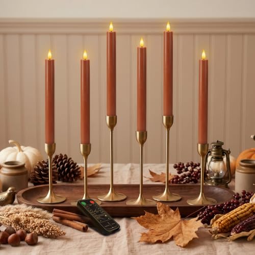 Image of Homemory 9.6 Inch Real Wax Flameless Taper Candles, Terracotta LED Candlesticks 6 Pcs with 3D Flame Remote and Timer, Battery Operated for Thanksgiving Mother's Day Teacher Appreciation Gifts