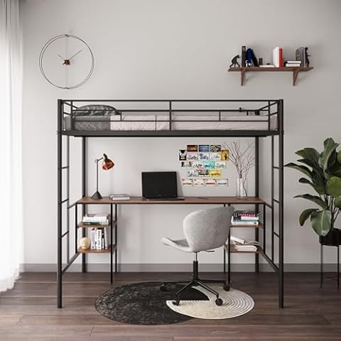Majnesvon Twin Size Loft Bed, Loft Bed with Desk and Storage Shelves, Metal Twin Size Loft Bed with Desk, No Box Spring Needed Cover