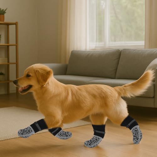YEAMLTE Hundeschuhe, 2 Pairs Doppelseitige Anti Rutsch Socken Hund, Hunde Schuhe mit Verstellbarem Klettverschluss, Verhindert Lecken, für Hundeschuhe Pfotenschutz Outdoor (M)