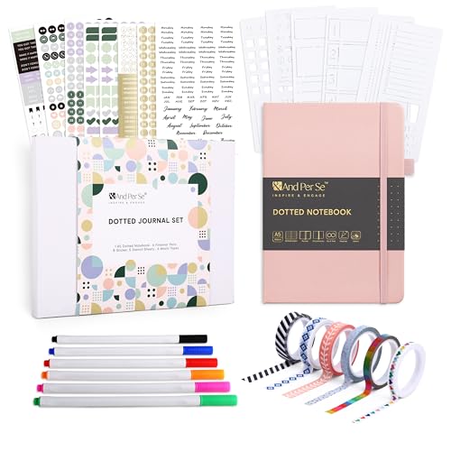 &And Per Se Juego de cuadernos de puntos, diario punteado de tapa dura A5 (rosa), 6 bolígrafos de punta fina, 8 calcomanías, 5 hojas de plantilla y 6 cintas Washi, suministros de diario para agenda