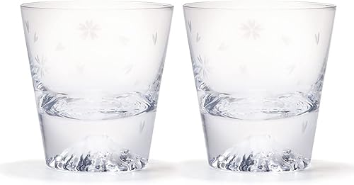 CON CERTIFICADO Vidrio japonés Tajima hecho a mano Juego de 2 vasos antiguos del Monte Fuji con el diseño de Sakura (flores de cerezo) Diámetro