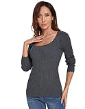AmélieBoutik Women Scoop Neck Long Sleeve Scalloped Cuff Ribbed Pullover Sweater (Dark Gray Medium)