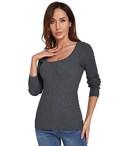 Amélieboutik Women Scoop Neck Long Sleeve Scalloped Cuff Ribbed Pullover Sweater (Dark Gray Medium) #TOP23