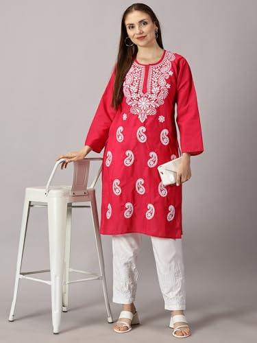 Image of FCH, Fashionable Chikan Handikraft Women's Cotton Lucknowi Chikankari Printed Straight Kurta for Regular Wear Girls Flared Kurta