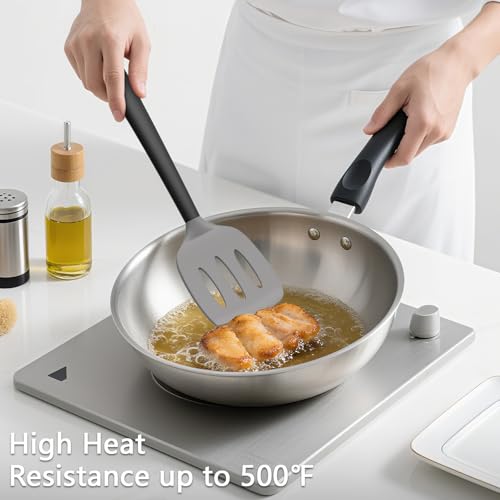 Image of Coukre 3 Pack Silicone Spatula Set, Heat Resistant to 500F, BPA-Free | Fish Spatula, Solid & Slotted Turners, Dishwasher Safe, Spatula Set for Eggs, Pancakes, Fish & Burgers, GrayBlack