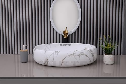 Image of CLUSTER Designer Glossy Ceramic Table Top Wash Basin For Bathroom | Countertop Bathroom Sink For Livingroom, Resturant Decor, Oval Shape (24 x 16 x 6 inch)