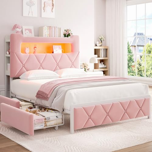 Full Upholstered LED Bed Frame with 2 Storage Drawers and 2-Tier Storage Headboard Velvet Princess Platform Bed with Charging Station & Bookcase Corner Bed Frame Heavy Duty Metal Support Pink