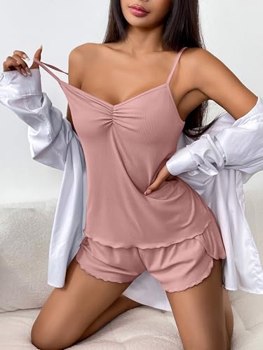 Image of Ekouaer Womens Cami Pajama Sets 2 Piece Ribbed Knit Lingerie Sleeveless Tank Top and Shorts Camisole Pjs Sleepwear