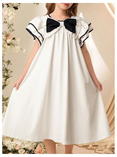 Girl's Bow Knot Ruffle Short Sleeve Dress Elegant Loose Straight Midi Dresses3