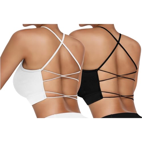 Vertvie Damen Sport BH Gepolstert Crossback Yoga Sports Bra Spaghettiträger Rücken Verkreuzt Gerippt Bustier Ohne Bügel Atmungsaktiv BH mit Abnehmbaren Cups(2pc: Schwarz + Weiß,M)