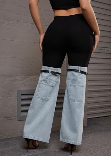 Nihsatin Women's Two Tone Denim Patchwork Flared Pants High Waisted Color Block Bell Bottom Jeans Pants4