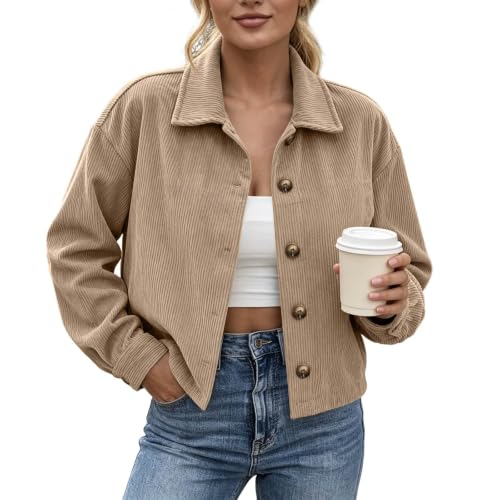 Cropped Jacket Women Corduroy Long Sleeve Button Down Shacket Cardigan - image 1