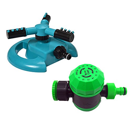 NUZAMAS 3 Arm Sprinkler and Watering Timer Set - Automatic Lawn Watering System 360 Degree Rotating Sprinkler Irrigation Controller Up to 120 Minutes