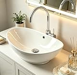 NUESTRA VIDA Lavabo da appoggio ovale in ceramica 58,5 x 38,5 x 19,5 cm, bianco – Lavabo con troppopieno e effetto loto grazie alla nanosigillatura per il bagno