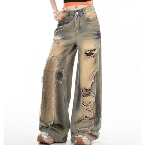 Harajuku High Waisted Straight Leg Jeans Y2K Gothic Vintage Patchwork Fringe Ripped Baggy Denim Pants4