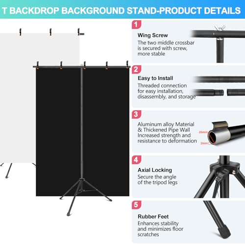 Black White Backdrop with Stand Kit for Photoshoot Video Studio Recording 5X6.5ft, Black White Photo Backdrop Curtain Background with T Shape Stand and 5 Spring Clamp for Photography Party Headshot by JEBUTU - Used condition - Image 7