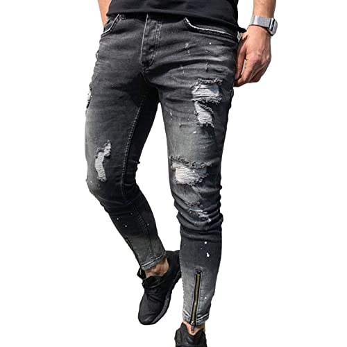 JEsilunmaMY Men's Washed Ripped Pencil Jeans Mid Waist Stretch Skinny Ankle Zipper Denim Pants Distressed Destroyed Trousers