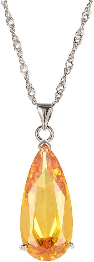 RIZILIA ICONIC Long Pear Cut Birthstone Necklace for Women - Multi Color Options - 18K White Gold Plated Solitaire CZ Pendant, 18"+2" Chain - Gift Boxed for Her, Mother Birthday