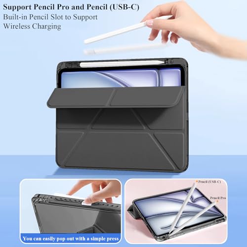 Case Compatibel met iPad Air 13-Inch M4/M3/M2 (2026/2025/2024), iPad Pro 12.9 2022/2021/2020/2018 met Pencil Houder, Clear Schokbestendige, 6-in-1 Y-Vouwstandaard, Zwart