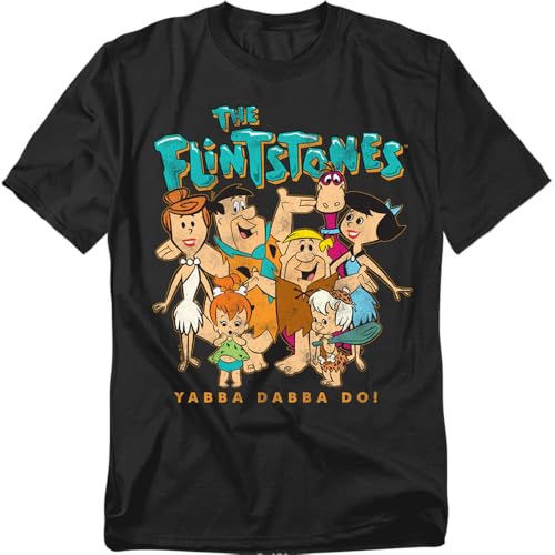 Popfunk The Flintstones Family and House Background Unisex Adult T Shirt, Black, X-Large