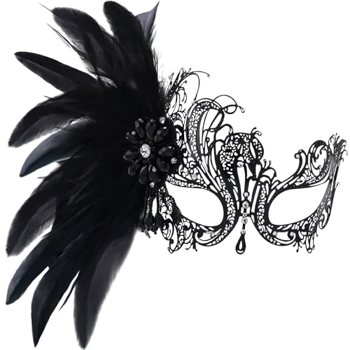 Image of ETOFETE Feather Masquerade Mask for Women Prom Ball Party, Black Venetian Mask with Removable Feather Hair Clip for Mardi Gras
