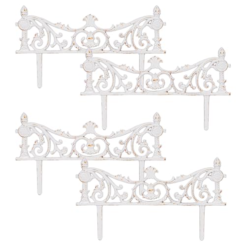Sungmor Vintage Cast Iron Garden Border Fence,Decorative Metal Edging for Flower Bed, Patio and Yard,Heavy Duty Ornate Garden Decorative Fences,Rustic White Finish & 4 Pack Panels