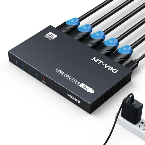 Image of MT-VIKI 1x4 2.0 HDMI Splitter 1 in 4 Out, 4K@60Hz HDMI Duplicator /Distributor HDR Support EDID HDCP 2.2 RGB 4:4:4 18Gbps-Adapter Included (4 Ports)