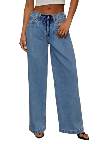 Sidefeel Women's Wide Leg Jeans High Waisted Stretchy Baggy Drawstring ...