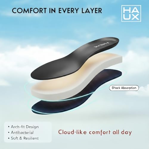 Image of HAUX Comfort+ Memory Foam Insoles for Men | Soft Cushion Shoe Insole for Daily Use, Walking, Running, Sports & All-Day Standing Comfort (Black (Pack of 1), UK-9)