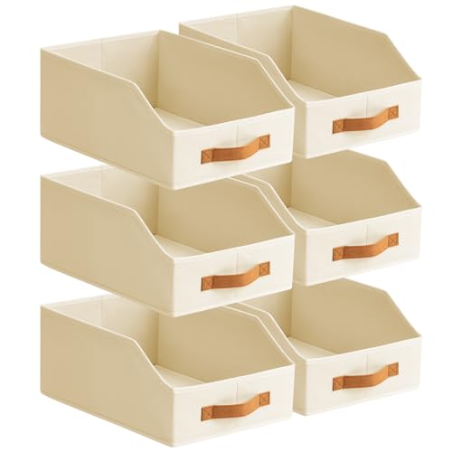 Homsorout Fabric Storage Bins for Organizing - 6 Pack Large Trapezoid Collapsible Storage Bins with Front Handle, Closet Organizers and Storage for Bedroom, Home Shelves, Small Spaces, Beige
