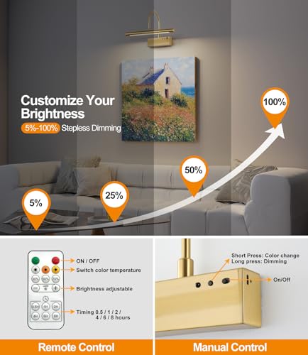 Image of Wireless LED Picture Light, Coredless Art Lighting for Wall, Brass Battery Frame Light with Remote, 3 Color Tone & Dimmable,12 inch Wall Decor Light for Art Display,Hallway,Study Room