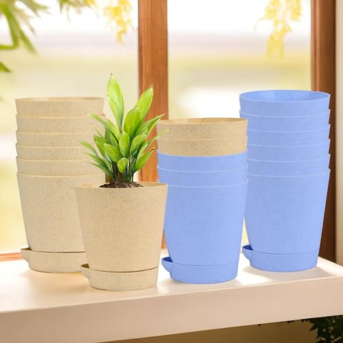 Image of Kuber Industries Pack of 18 Flower Pot | Flower Pot for Living Room-Office | Planters for Home-Office-Lawns & Garden D?cor | Self Watering Flower Planters Pots | Marble Titan | 4 Inch | Blue & Beige