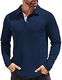 COOFANDY Mens Casual Polo Shirts Button Basic Long Sleeve Shirt Solid Color Collared Golf Shirt Dark Blue