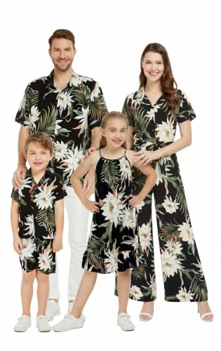 Image of Family Matching Hawaiian Clothes, Wispy Cereus Black | Lightweight 100% rayon • Family matching outfits • Tropical floral print • Beach vacations • Luaus • Cruises • Family photos