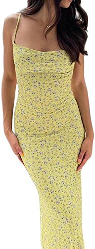 NUFIWI Women Floral Printed Spaghetti Strap Maxi Dress Y2K Low Cut Backless Long Dress Summer Streetwear Party Club(Backless Yellow,Small)