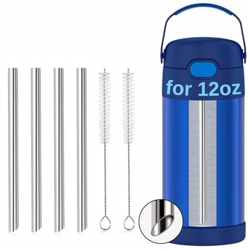 Replacement Metal Straws for THERMOS FUNtainer 12 Ounce Insulated Kids Water Bottle, Reusable Stainless Steel Straws, Compatible with THERMOS FUNTAINER 12OZ(4 Pcs + 2 Pcs Cleaning Brush)