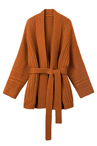 Mid-Length Merino Wool Blend Open Cardigan Long Sleeve Cable Knitted Sweater for Women_Orange_One Size