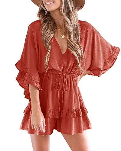 Valphsio Womens V Neck Beach Romper Ruffle Layered Drawstring Waisted