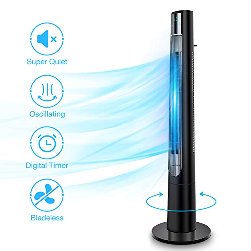 48'' Oscillating Tower Fan - Remote Control Cooling Fan for Rooms with 3 Modes & 3 Speeds, Built-in Timer LED Display, Bladeless Fan Standing Fan Floor Fan Ideal for Home Bedroom Office Use, Black