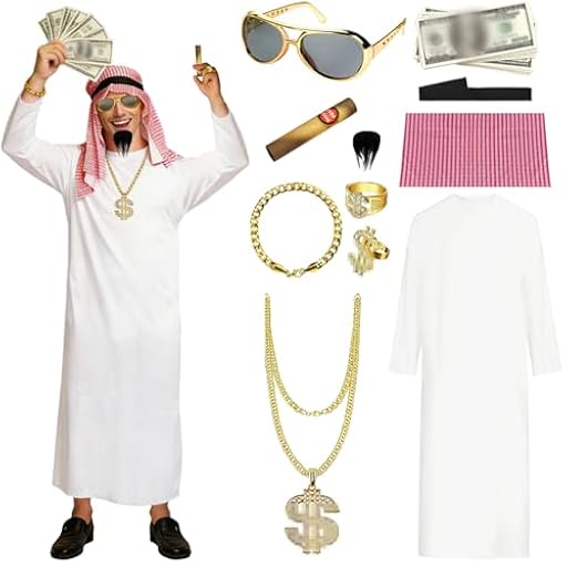 AOMAIGAD Disfraz Jeque Árabe para Hombre, Disfraz Árabe Adulto, Conjunto de disfraces árabes, con Túnica Blanca, Barba, Gafas y Accesorios para Fiesta y Carnaval (L) | Ya disponible en tu tienda friki favorita! En mundofriki.es! AOMAIGAD Disfraz Jeque Árabe para Hombre, Disfraz Árabe Adulto, Conjunto de disfraces árabes, con Túnica Blanca, Barba, Gafas y Accesorios para Fiesta y Carnaval (L) | Ya disponible en tu tienda friki favorita! En mundofriki.es!