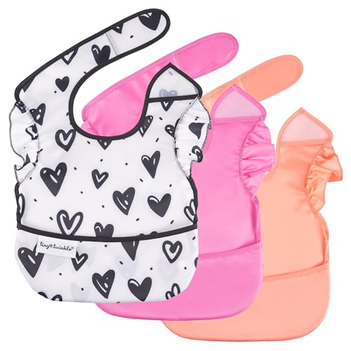Image of Tiny Twinkle Mess-Proof Baby Bibs for Eating | Waterproof, Wipeable Toddler Bibs with Catch-All Pocket | Feeding Bibs for Girls & Boys(3 Pack,Girl Hearts)