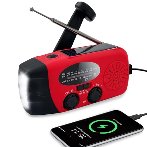 Radio Solar de Emergencia con Manivela, Portátil Am/FM NOAA Radio Recargable, Radio Dinamo con Linterna LED, 2000mAh Phone Charger, SOS Alarma y USB, Kit de Supervivencia para Camping