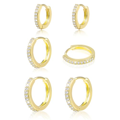 Gold Hoop Earrings,14K Real Goldplated Hoops with AAA Diamond Zirconia For for Women Girls, Small Huggie Hoop Earrings Set for Women, 3 Pairs Sterling Silver 925 Cartilage Hypoallergenic Earring