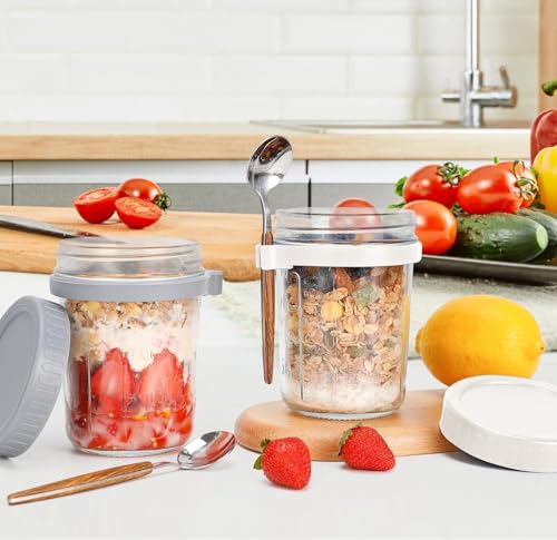 Image of 350 ml Overnight Oats Containers with Lids and Spoons,Glass Mason Jars Overnight Oats Leak Proof Oatmeal Container Great Cereal Fruit Vegetable Milk Salad (multi) (white and grey)