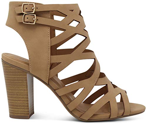 Marcorepublic Casablanca Women's Open Toe Strappy Laser Cutout Caged Chunky High Heels Dress Sandals - (Sand Nb) - 7 #TOP4