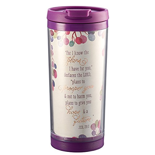 I Know The Plans 9 oz Insulated Break Resistant Polymer Travel Coffee Mug Tumbler with Design Wrap, Pop-Open Lid in Purple - Jeremiah 29:11