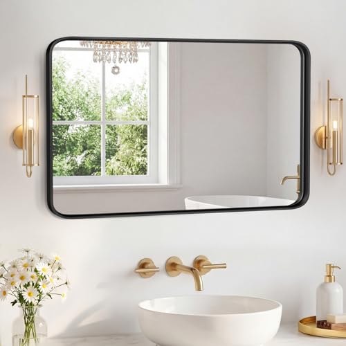Image of NEWBULIG 24 inchx36 inch Wall Mirror, Bathroom Mirrors for Over Sink, Black | Matte Metal Framed Vanity Mirror with Tempered Glass, Entryway, Living Room, Bedroom